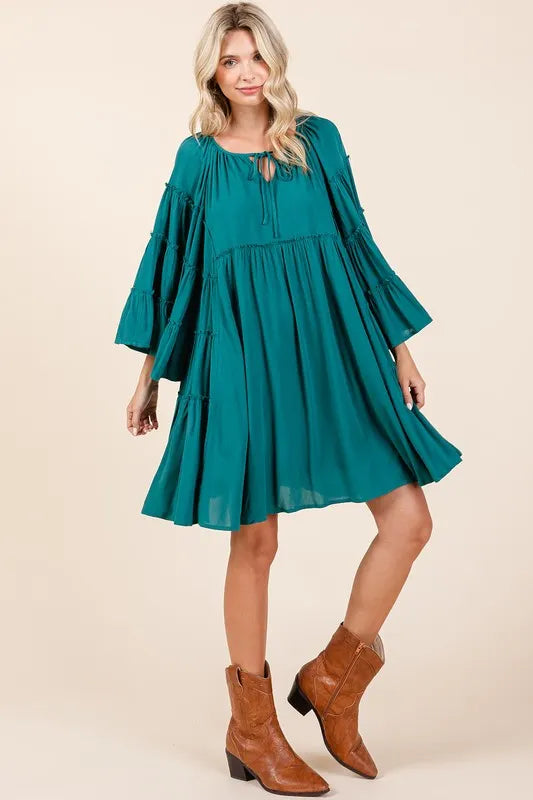 Frill Tie Neck Bell Sleeve Dress - Teal Green - product view 5