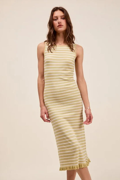 Stripe Sleeveless Sweater Knit Maxi Dress With Ruffled Hem - Sage/Off White - product view 2