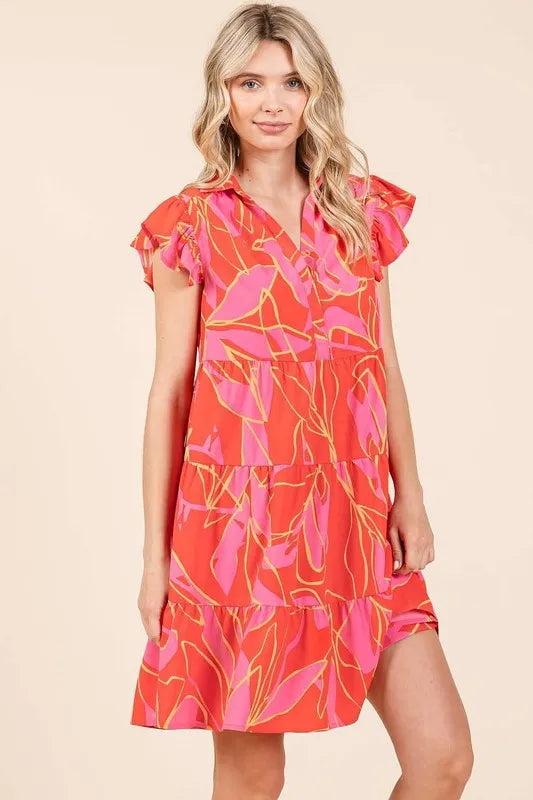 Leaf Print Ruffle Sleeve Tiered Mini Dress - Coral - product view 4