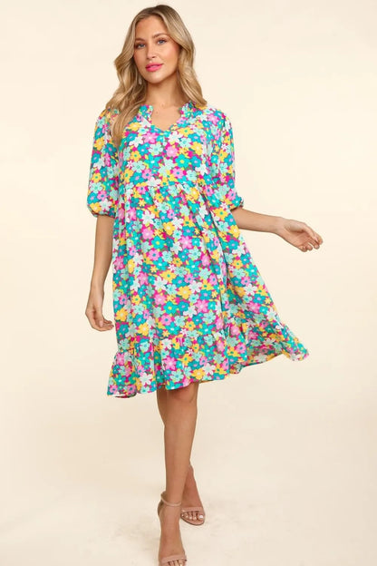 Bubble Sleeve Floral Ruffled Dress in Mint/Fuchsia - product view 1