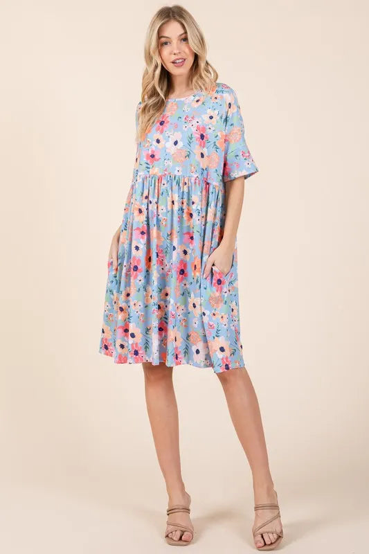 Floral Shirred Dress with Pockets in As Shown - product view 1