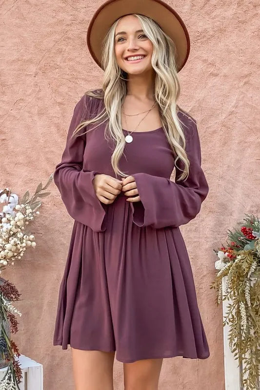 Back Lace Button Down Detail Bell Sleeve Dress in Purple - product view 1
