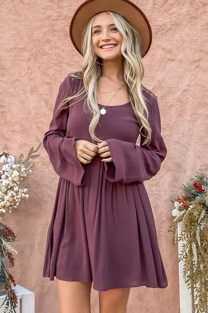 Back Lace Button Down Detail Bell Sleeve Dress in Purple - product view 1