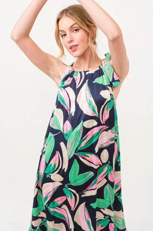 Botanical Printed Halterneck Tiered Maxi Dress in Navy - product view 4