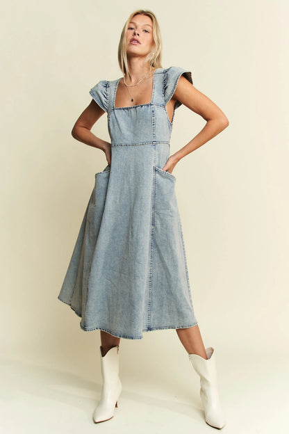 Full Size Ruffled Denim Midi Dress Plus Size in Denim Blue - product view 2
