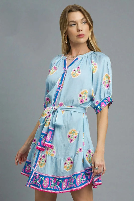 Floral Print Tie Waist Short Sleeve Dress - Pastel Blue - product view 2