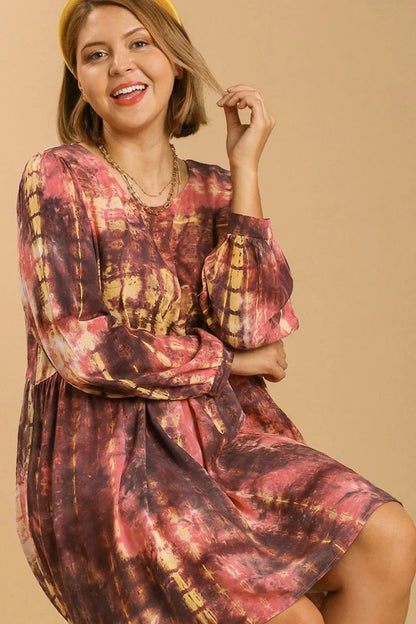 Full Size Tie Dye Long Sleeve Babydoll Dress with Keyhole Plus Size in Coral/Mocha - product view 4