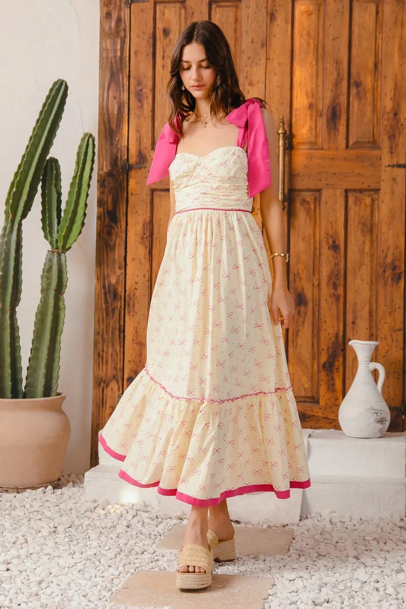Ribbon Flowy Maxi Dress with Contrast Trim in Cream/Pink - product view 3