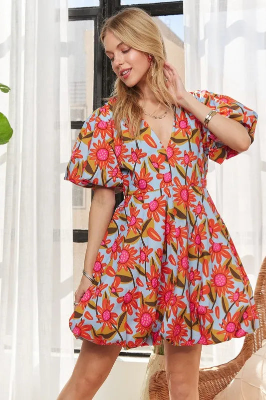 Puff Sleeve Floral Dress - Blue - product view 4