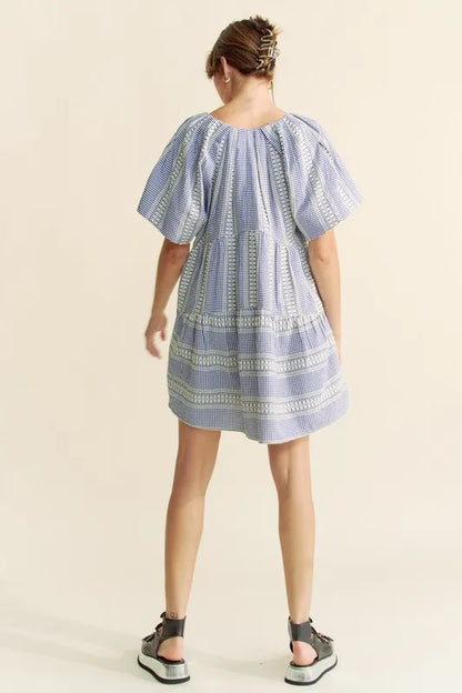 Embroidered Stripe Ruffled Gingham Mini Dress in Navy Blue - product view 10
