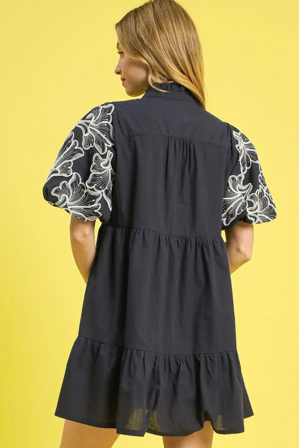 Tiered Embroidered Puff Sleeve Mini Dress in Dark Gray - product view 3