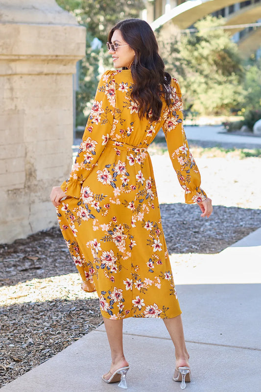 Full Size Floral Tie Back Flounce Sleeve Dress in Caramel - product view 2