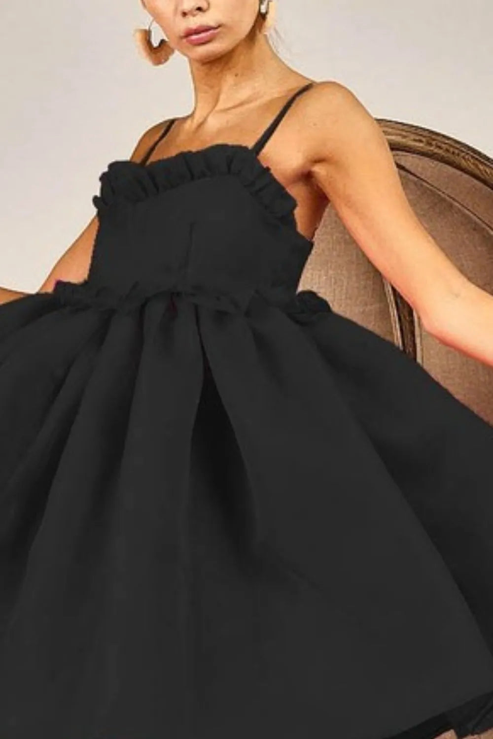 Ruffled Edge Sweet Heart Neck Sleeveless Tulle Dress in Black - product view 2