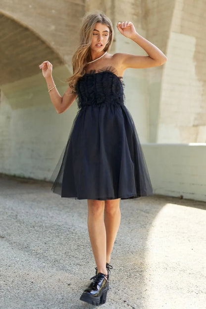 Mesh Ruffle Tube Top Swing Dress in Black - product view 1