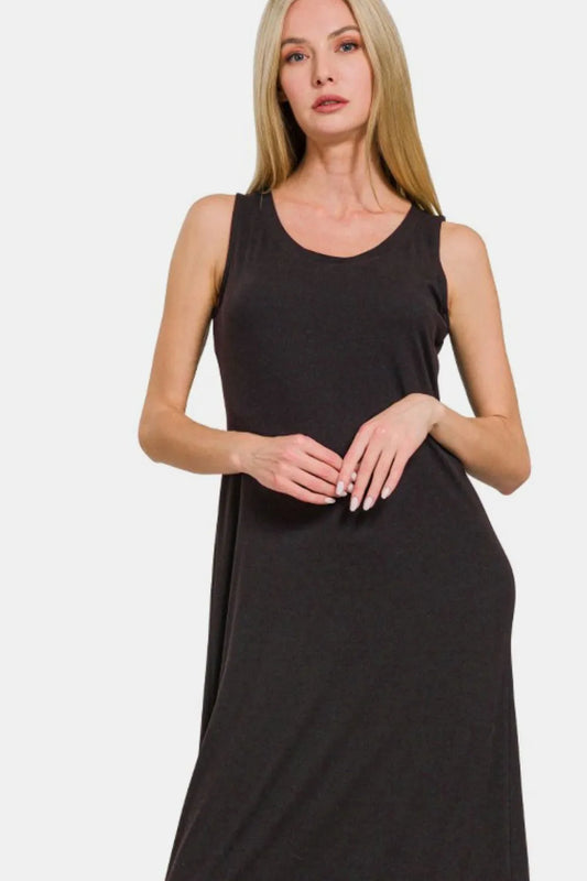 Scoop Neck Wide Strap Tank Dress - Black - product view 2