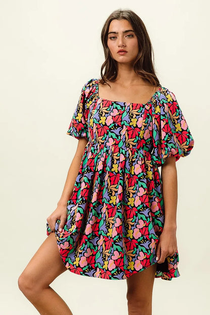 Floral Print Puff Square Neck Dress in Black Multi - product view 13