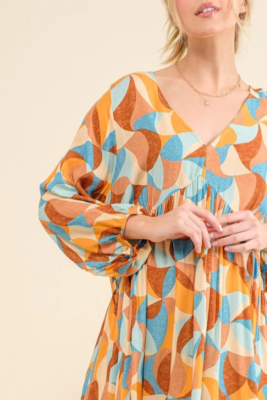 Printed Open Back Puff Sleeve Casual Dress in Blue Multi - product view 6