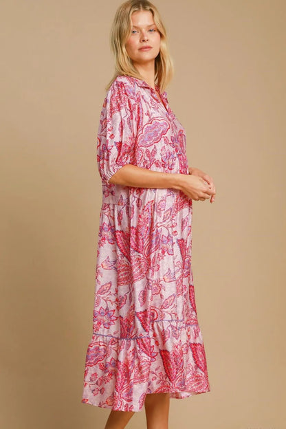 Full Size Ruffled Hem Floral Paisley Print Half Sleeve Midi Dress Plus Size in Pink Mix - product view 2
