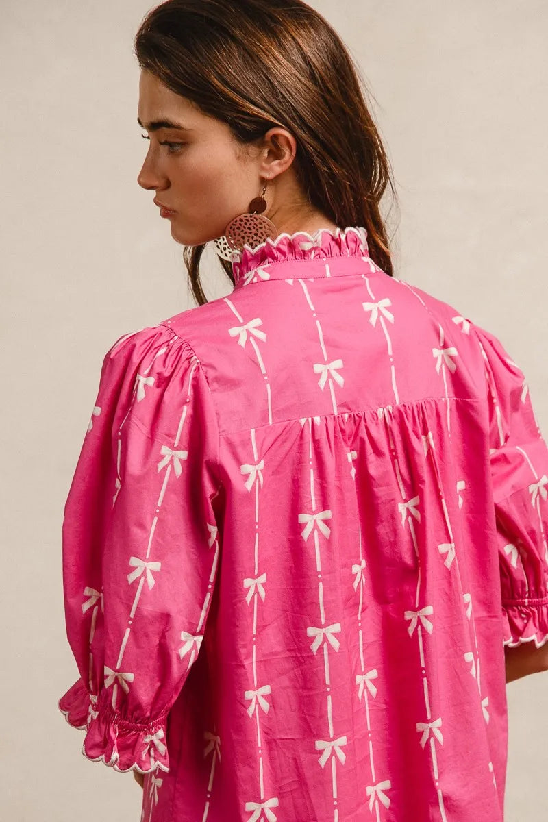 Ribbon Patterns With Scallops Edge Details Short Sleeve Dress in Fuchsia - product view 13