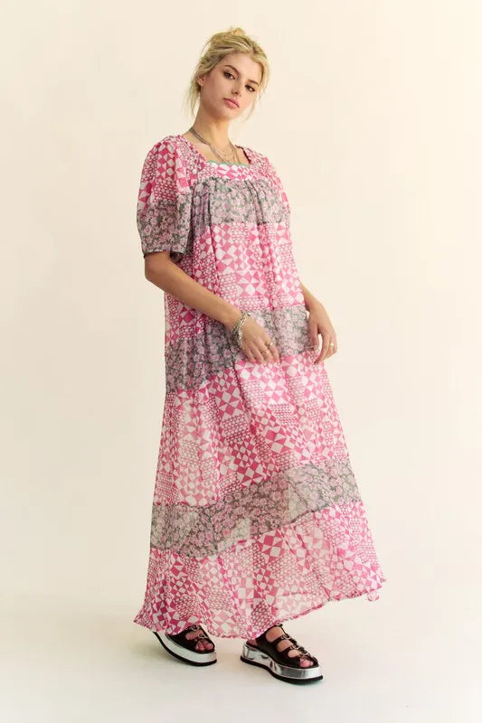 Multi Floral Square Neck Puff Sleeve Maxi Dress in Indian Pink - product view 3