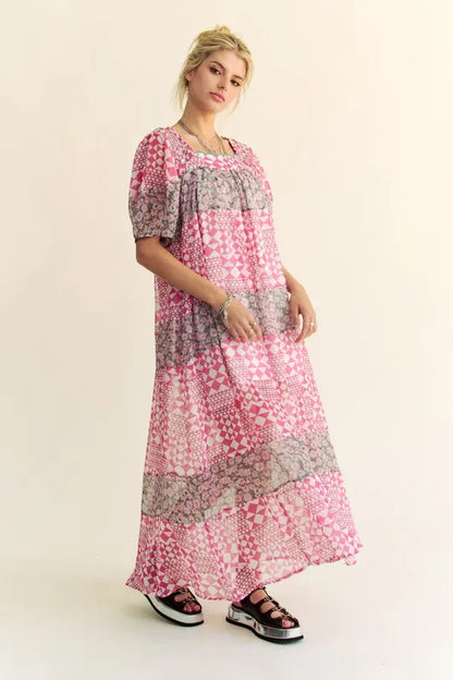 Multi Floral Square Neck Puff Sleeve Maxi Dress in Indian Pink - product view 3