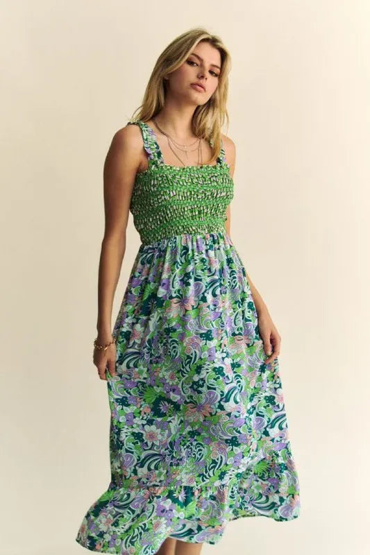 Multi Smocked Bodice Geo Ruffle Strappy Midi Dress - Hunter Green - product view 7