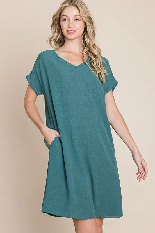 V-Neck Short Sleeve Dress with Pockets - Teal - product view 1