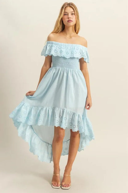 High-Low Eyelet Ruffled Off-Shoulder Dress in Pastel Blue - product view 2