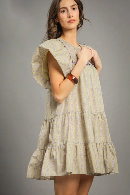 Floral Ruffled Cap Sleeve Tiered Mini Dress - Sage - product view 2
