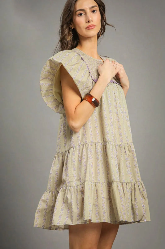 Floral Ruffled Cap Sleeve Tiered Mini Dress - Sage - product view 2