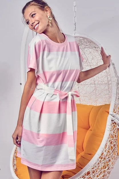 Tie Front Striped Short Sleeve Dress in Blush - product view 6