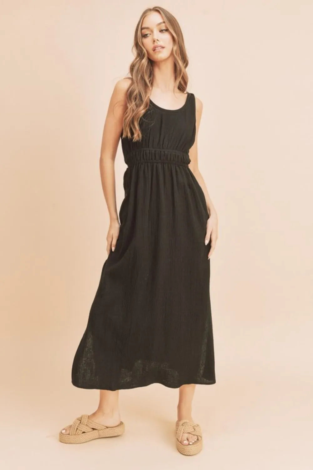 Side Slit Round Neck Sleeveless Tank Dress - Black - product view 1