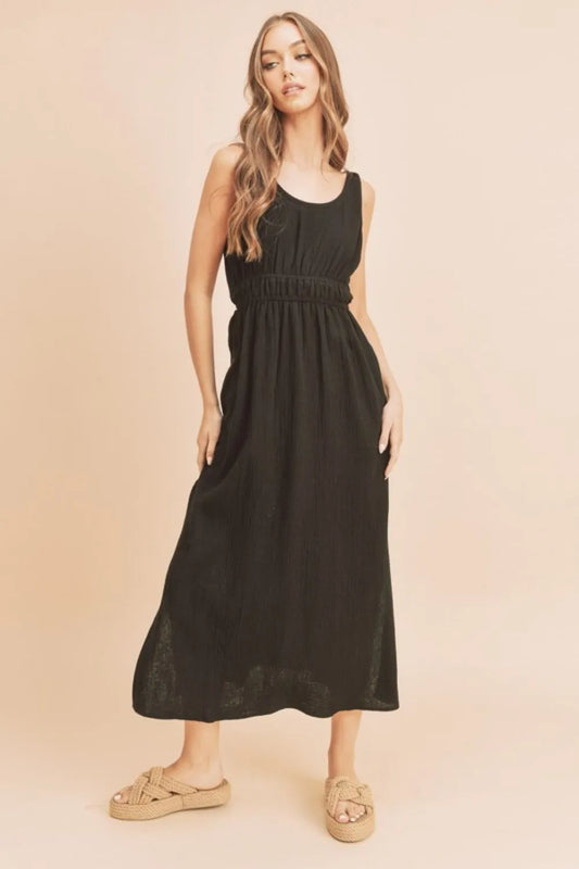Side Slit Round Neck Sleeveless Tank Dress - Black - product view 1