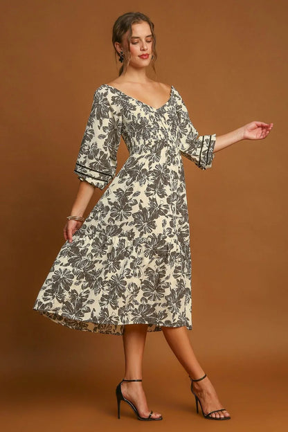Ruffle Hem Flower Printed V-Neck Dress - Cream - product view 6