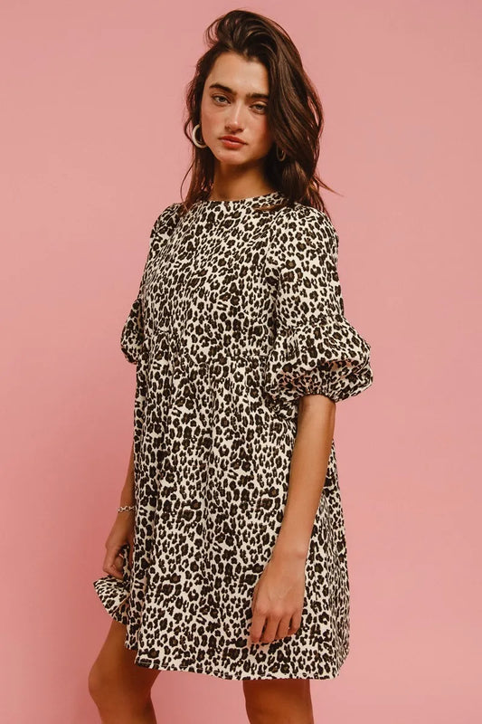 Leopard Denim Dress With Back Contrast Tie Detail in Off White Leopard - product view 2