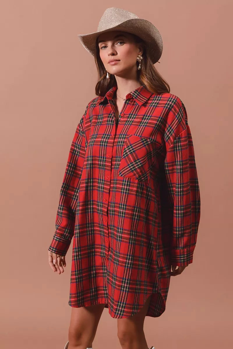 Christmas Checker Plaid Button Up Shirt Dress in Red Multi - product view 6