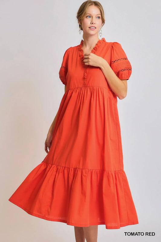 Short Sleeve Lace-Trim Ruffled Midi Dress in Tomato Red - product view 1