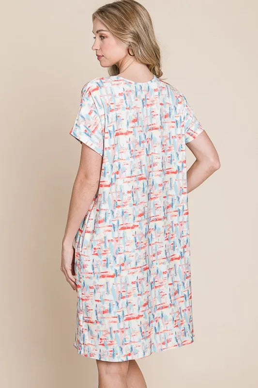 Printed Round Neck Short Sleeve Tee Dress in Red - product view 4