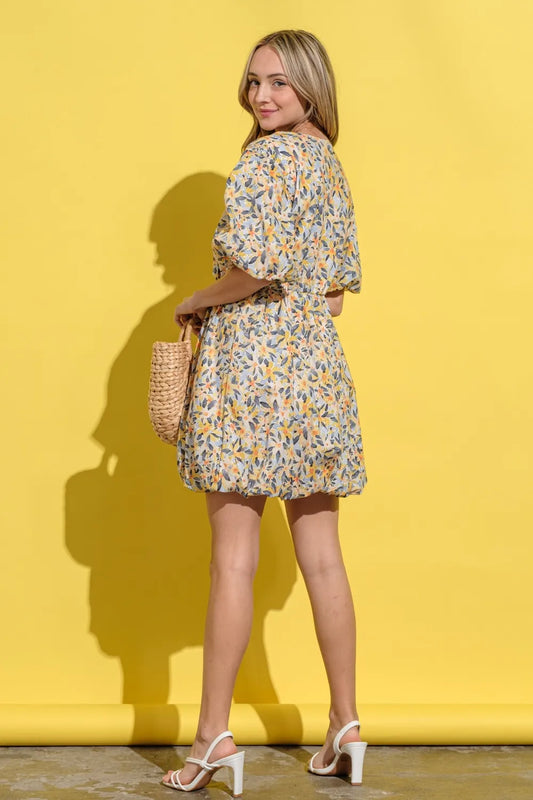 Full Size Floral Surplice Puff Sleeve Dress - Yellow Multi - product view 2