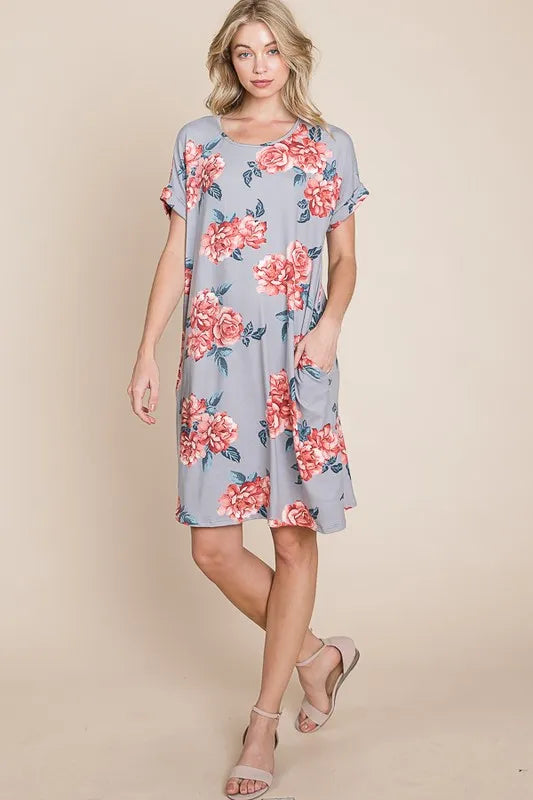 Floral Round Neck Short Tee Dress with Pockets - Grey - product view 4