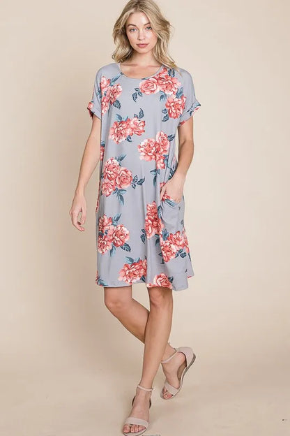 Floral Round Neck Short Tee Dress with Pockets - Grey - product view 4
