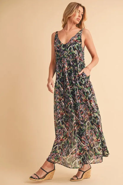 Printed V-Neck Frill Tiered Cami Dress in Black Multicolor - product view 5