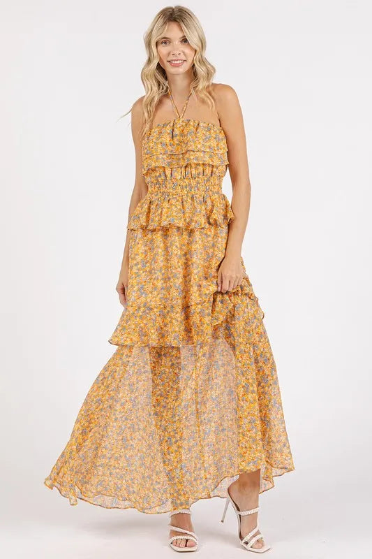 Ruffled Smocked Floral Halter Neck Maxi Dress - Tangerine - product view 3