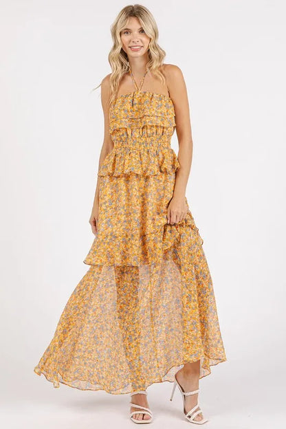 Ruffled Smocked Floral Halter Neck Maxi Dress - Tangerine - product view 3