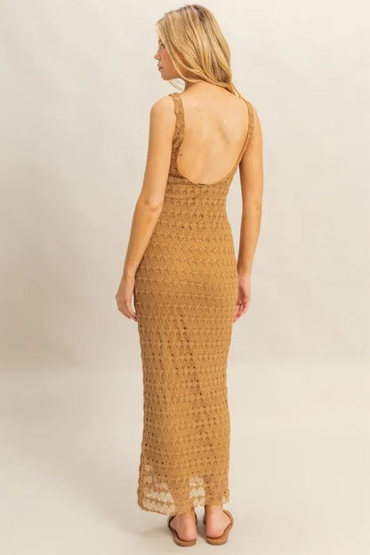 Sleeveless Crochet Open Back Maxi Dress in L.Brown - product view 3