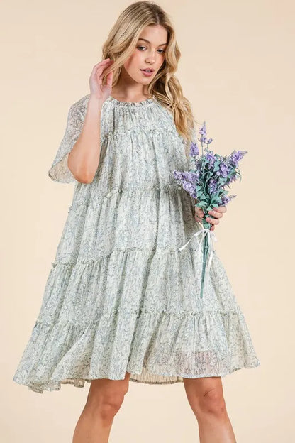 Ditsy Floral Print Sheer Ruffle Detail Mini Dress in Ivory Combo - product view 5