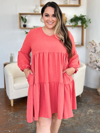 Full Size V-Neck Balloon Sleeve Tiered Dress with Pockets in Light Green, Pink and more - product view 13
