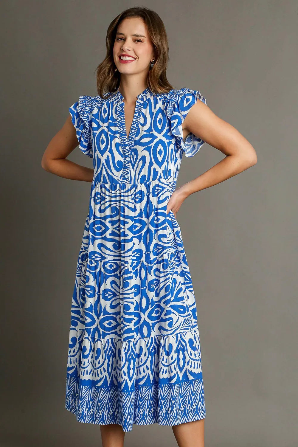 Full Size Two Tone Border Print Ruffle Cap Sleeve Midi Dress Plus Size - Blue - product view 1