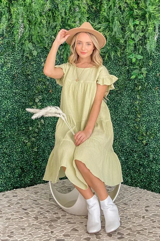 Cotton Gauze Baby Doll Casual Dress in Sage - product view 5