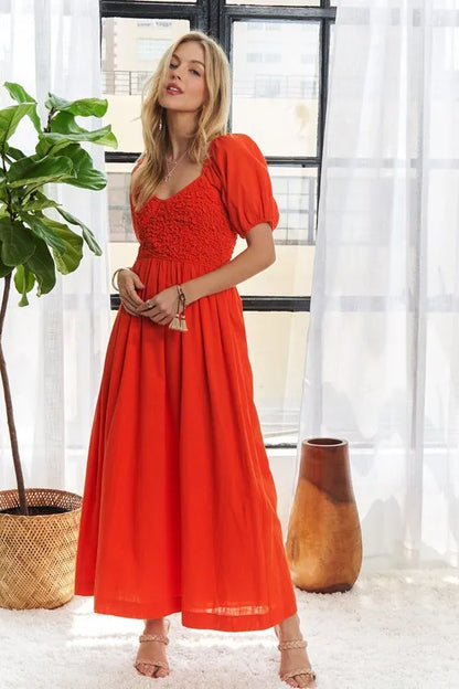 Popcorn Smocked Puff Sleeve Dress in Orange-Red - product view 4